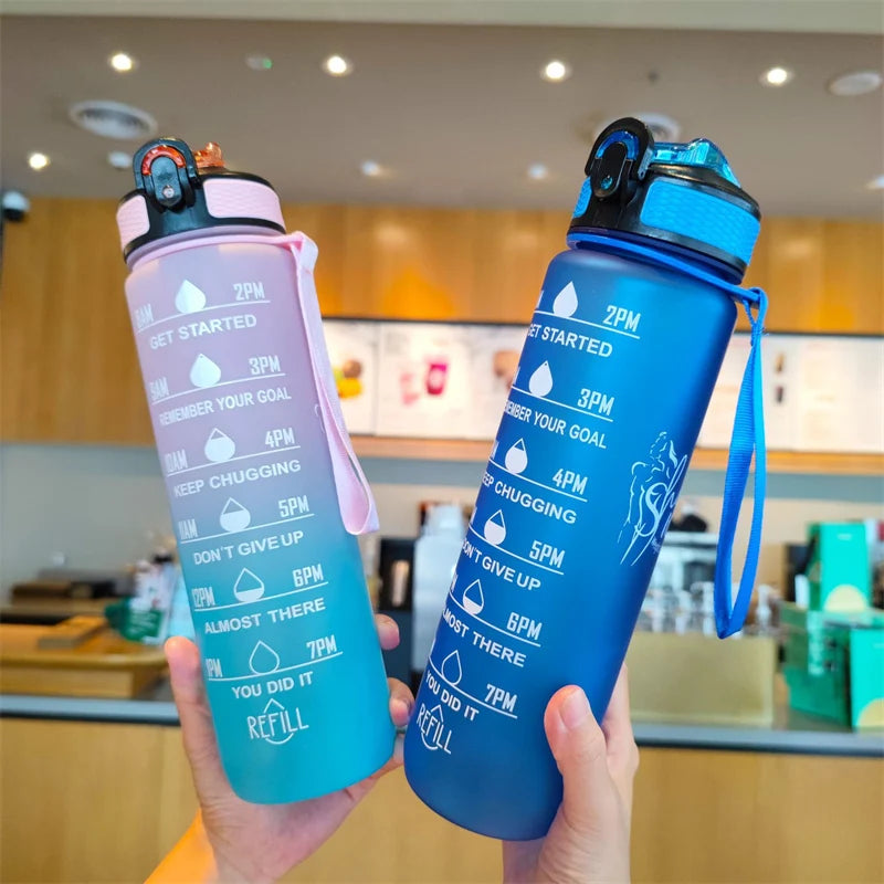 1000ML Water Bottle with Time Marker Frosted Gradient Portable Carrying Handle Suitable for Gym Camping Outdoor Bottles BPA Free