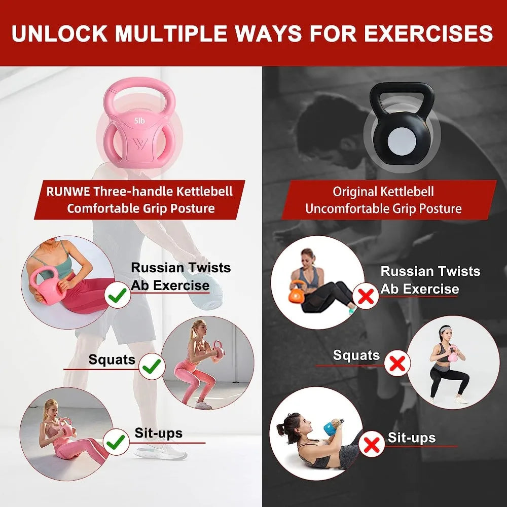 Strength Training Kettlebells Weight - 15 LB with Three-handles for Russian Twists AB Exercise, Weightlifting kettlebell