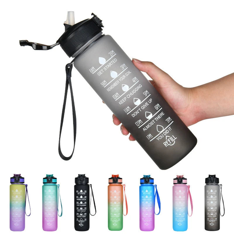 1000ML Water Bottle with Time Marker Frosted Gradient Portable Carrying Handle Suitable for Gym Camping Outdoor Bottles BPA Free