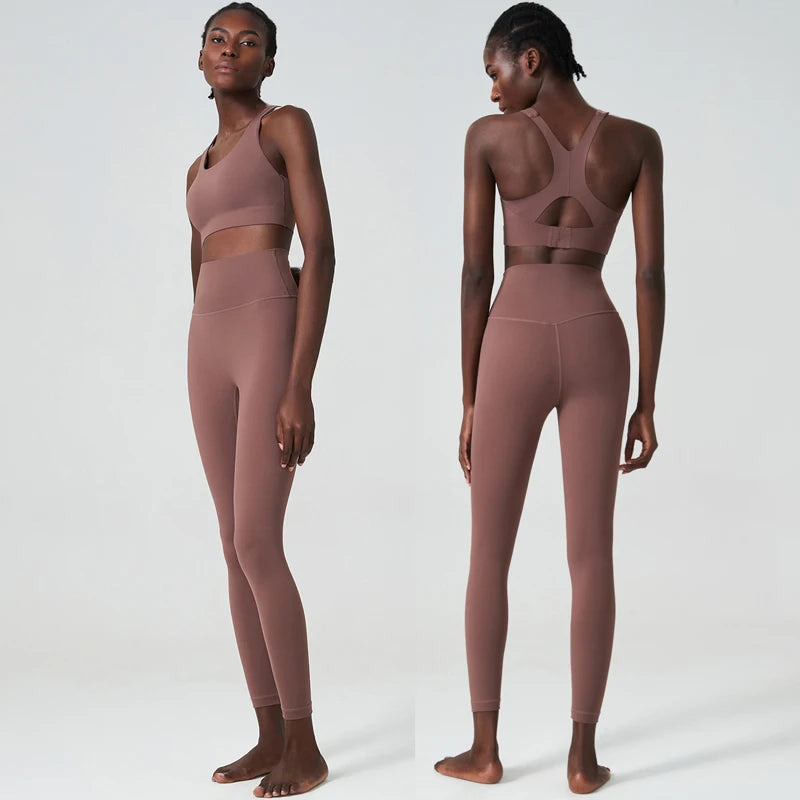 Women Two Pieces Fitness Yoga Set Solid Color Super Stretch Lycra Gym Running Suit Buttery Soft Breathable Workout Clothes