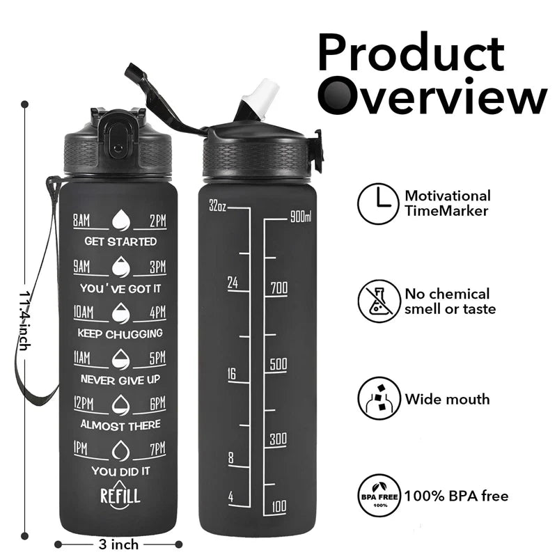 1000ML Water Bottle with Time Marker Frosted Gradient Portable Carrying Handle Suitable for Gym Camping Outdoor Bottles BPA Free