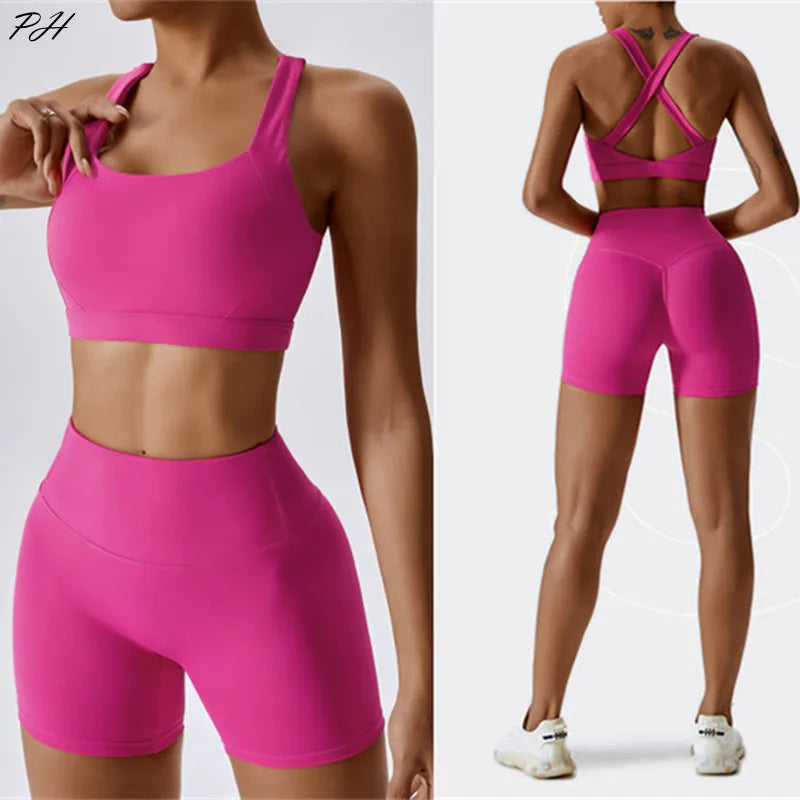 Nude Feeling Yoga Sport Sets Summer Fitness Sportwear Women Solid Tracksuit Sexy Cross Back Sport Bra Gym Shorts Workout Clothes