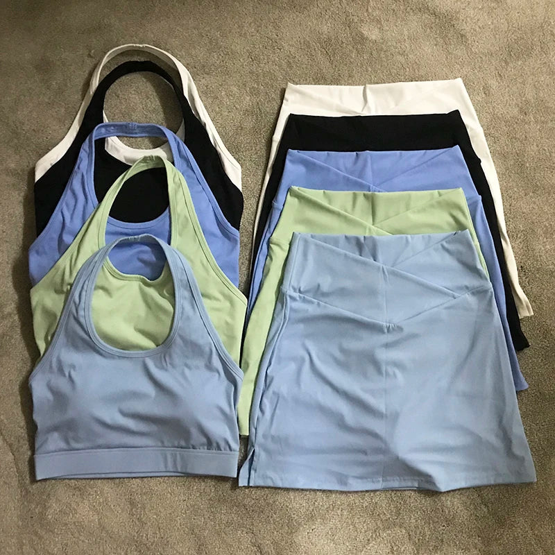 SVEIC Fitness Yoga Shorts Set Skirt Sport Bra Sexy Underwear Exercise Suit Workout High Elasticity Tennis Golf Gym Clothes Women