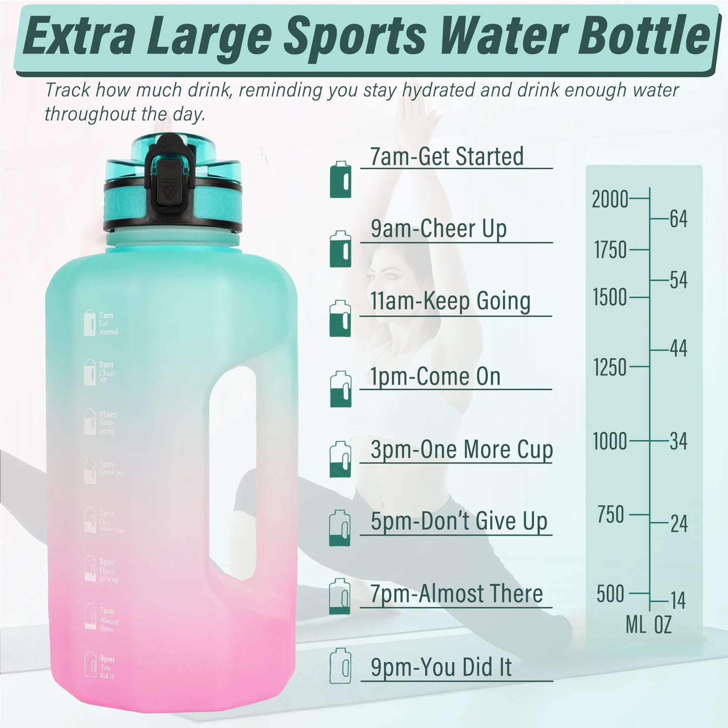 Big Water Bottle 2.2 Litre with Handle and time motivational quotes Proof BPA Free Large Capacity Drinks Jug for Gym Fitness