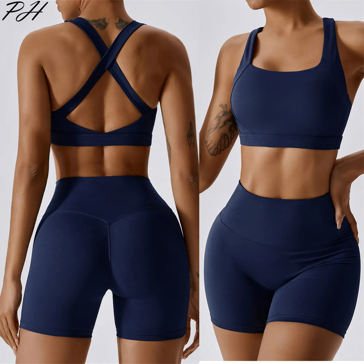 Nude Feeling Yoga Sport Sets Summer Fitness Sportwear Women Solid Tracksuit Sexy Cross Back Sport Bra Gym Shorts Workout Clothes