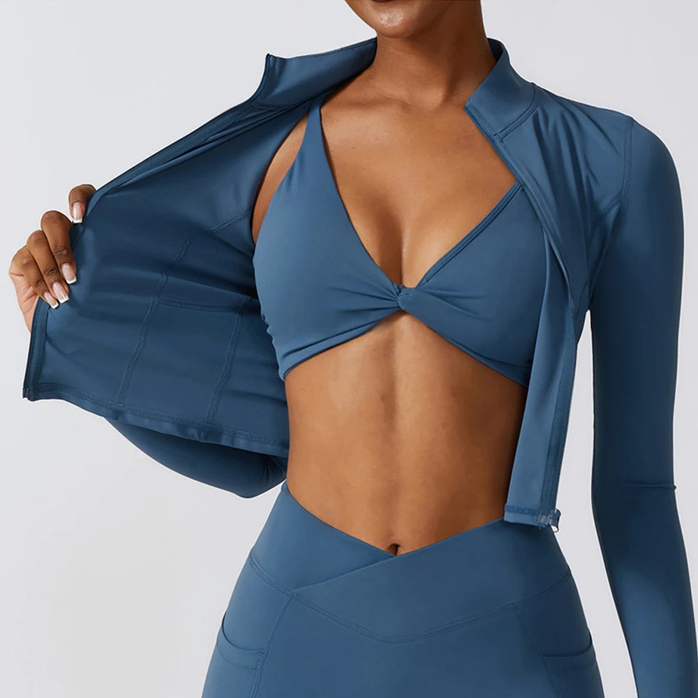 Women's High Elastic Crop Top Spandex Long Sleeve Yoga Shirts Sportswear Yoga Jacket Workout Gym Clothing Sports Clothes Suit