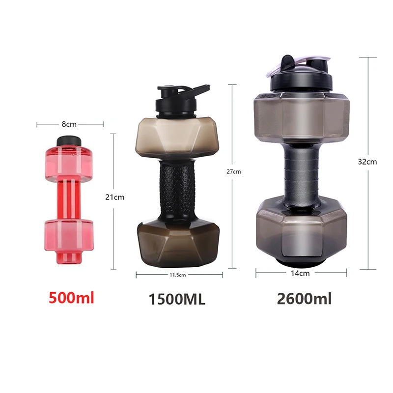 500/1500/2600ML Sports Water Bottles Fitness Dumbbell Leakproof Portable Unbreakable Sports Plastic Bottle Home Gym Training