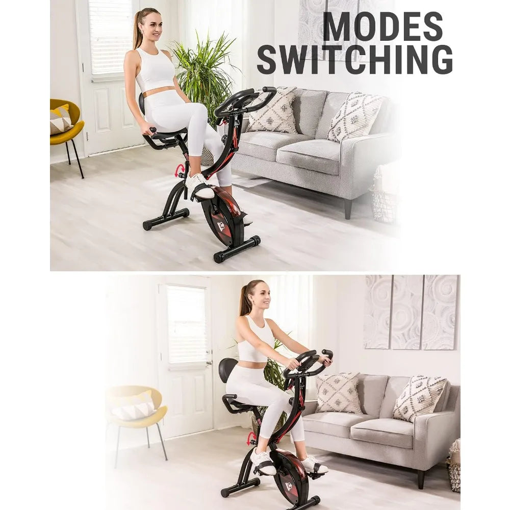 Foldable Stationary Bike, 3 in 1 Mode Indoor Upright Fitness Workout X-Bike with 8-Level Resistance and Arm Resistance Band