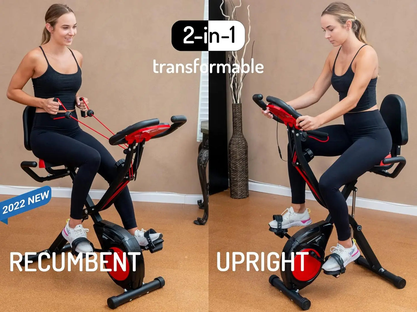 3-In-1 Folding Exercise Bike, Stationary Bikes for Home with Arm Workout Bands, Indoor Fitness Bike with 16 Levels
