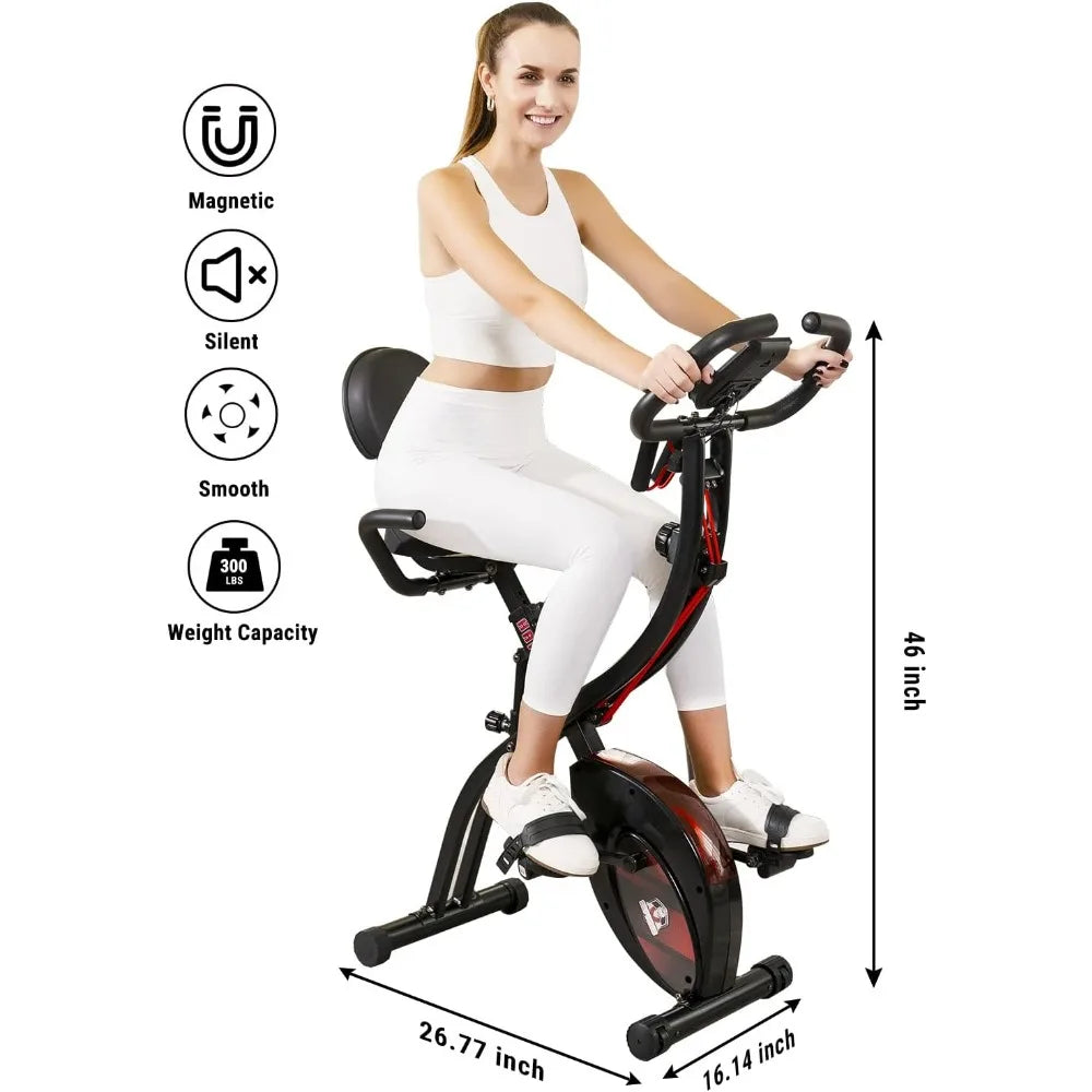 Foldable Stationary Bike, 3 in 1 Mode Indoor Upright Fitness Workout X-Bike with 8-Level Resistance and Arm Resistance Band