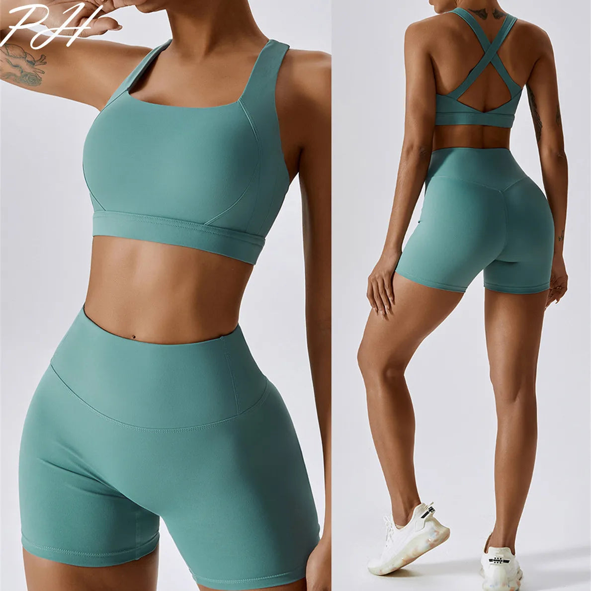 Nude Feeling Yoga Sport Sets Summer Fitness Sportwear Women Solid Tracksuit Sexy Cross Back Sport Bra Gym Shorts Workout Clothes