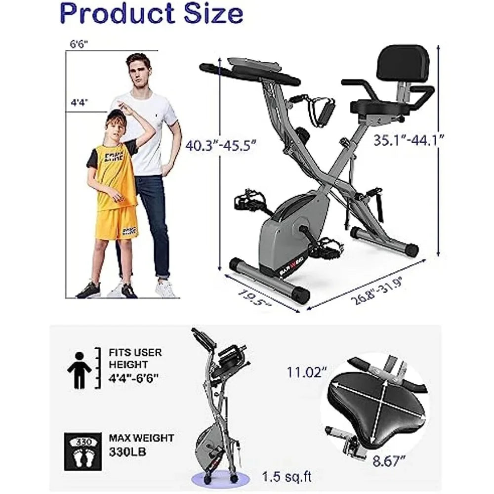 KURONO Stationary Exercise Bike Home Workout | 4 IN 1 Foldable Indoor Cycling Spin Bike Seniors | 330LB Capacity