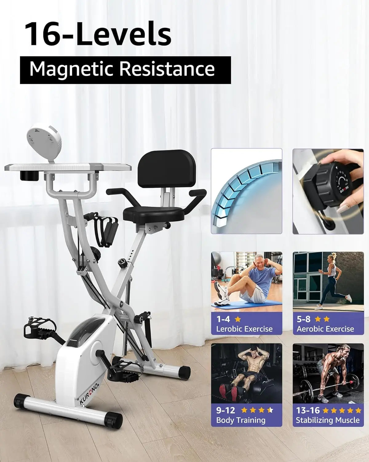 Exercise Bike for Home Workout, 4 IN 1 Foldable Indoor Cycling Bike for Seniors, 330LB Capacity, 16-Level Magnetic Resistance