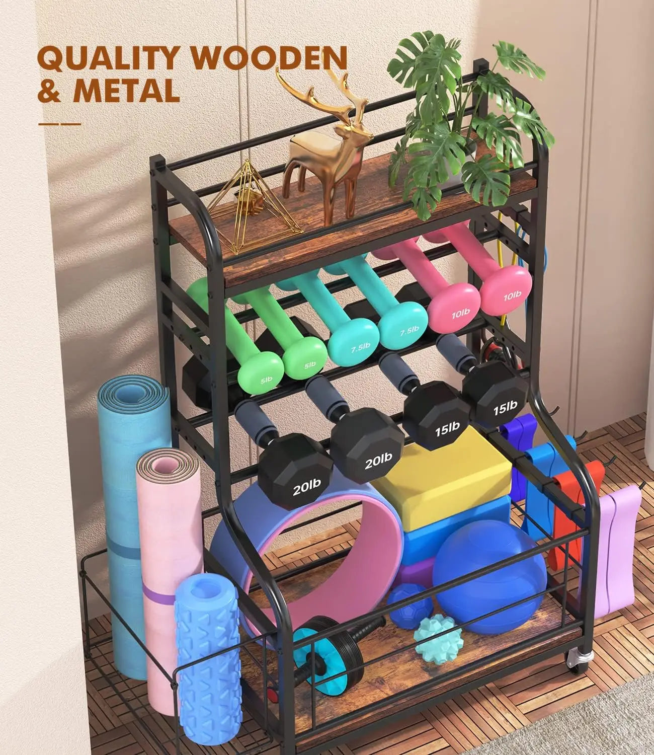Weight Rack for Dumbbells, All in One Home Gym Storage Rack for Yoga Mat Dumbbells and Kettlebells Holder, 4 Tier Heavy Duty Met