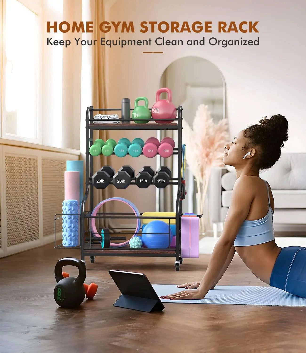Weight Rack for Dumbbells, All in One Home Gym Storage Rack for Yoga Mat Dumbbells and Kettlebells Holder, 4 Tier Heavy Duty Met